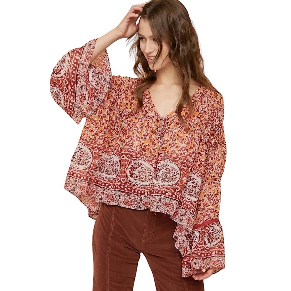 Free People Lorraine Tiered Tie-Front Kimono Top size M